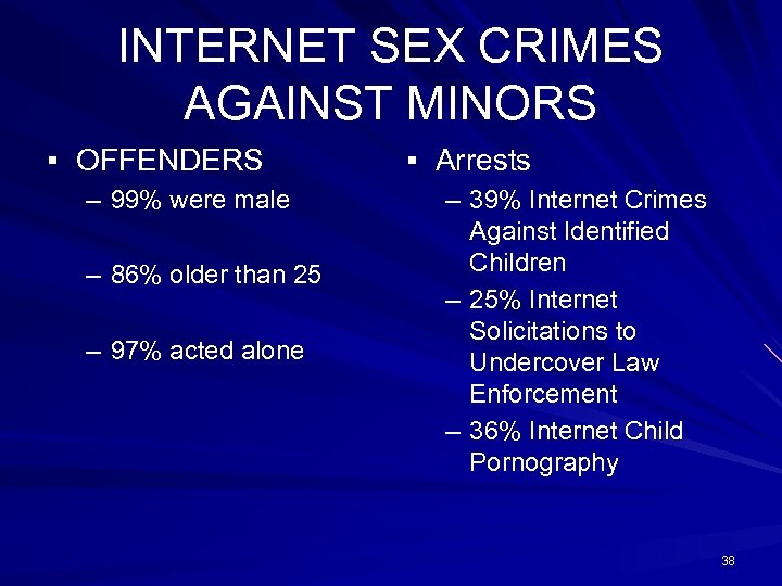 INTERNET SEX CRIMES AGAINST MINORS § OFFENDERS – 99% were male – 86% older
