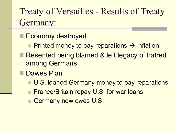 Treaty of Versailles - Results of Treaty Germany: n Economy destroyed n Printed money