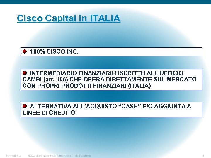 Cisco Capital in ITALIA 100% CISCO INC. INTERMEDIARIO FINANZIARIO ISCRITTO ALL’UFFICIO CAMBI (art. 106)