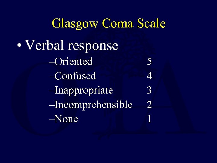 Glasgow Coma Scale • Verbal response –Oriented 5 –Confused 4 –Inappropriate 3 –Incomprehensible 2