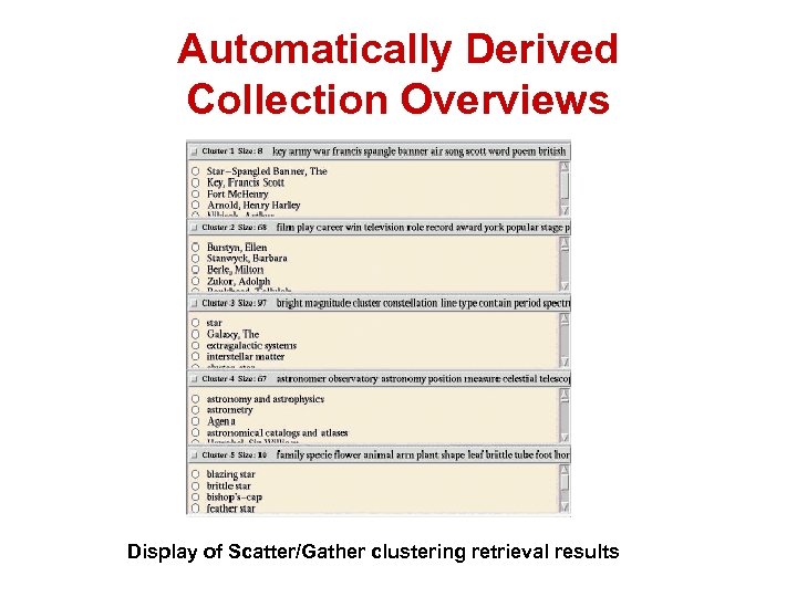 Automatically Derived Collection Overviews Display of Scatter/Gather clustering retrieval results 