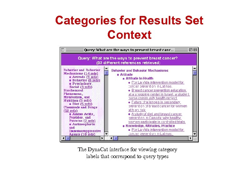 Categories for Results Set Context The Dyna. Cat interface for viewing category labels that