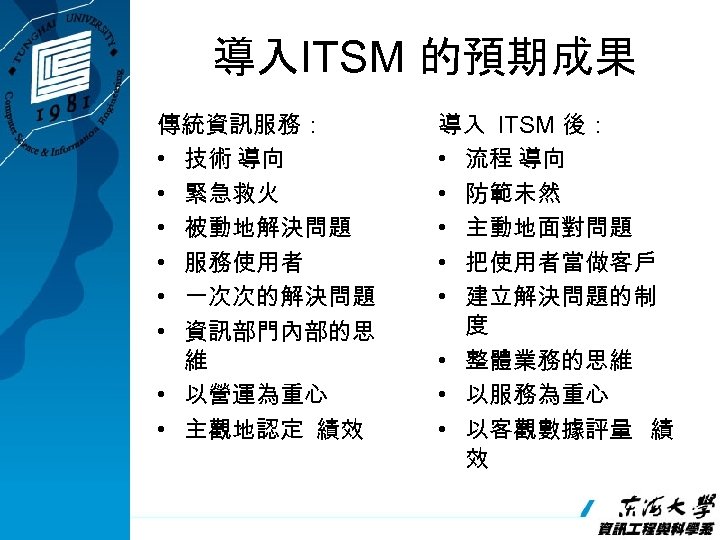 導入ITSM 的預期成果 傳統資訊服務： • 技術 導向 • 緊急救火 • 被動地解決問題 • 服務使用者 • 一次次的解決問題