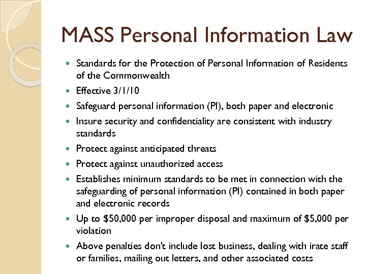 MASS Personal Information Law Standards for the Protection of Personal Information of Residents of