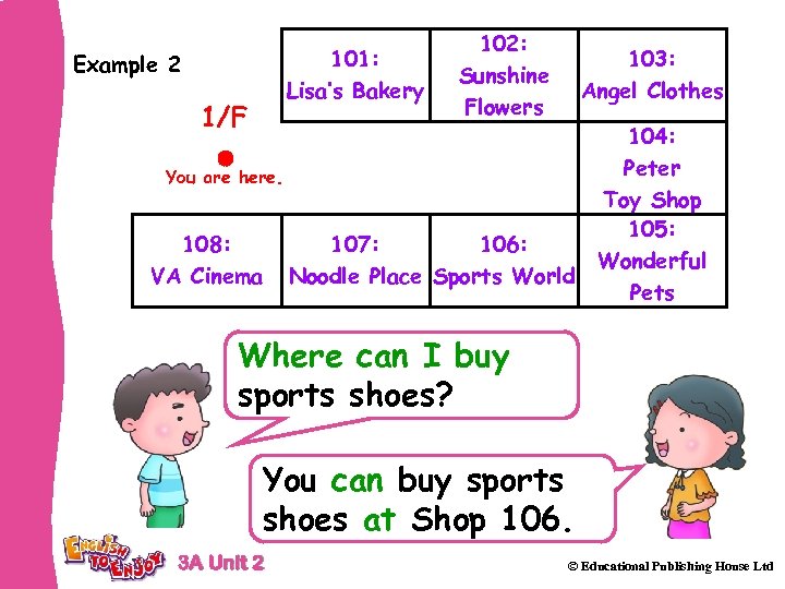 101: Lisa’s Bakery Example 2 1/F 102: Sunshine Flowers 103: Angel Clothes You are