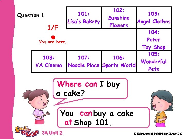 101: Lisa’s Bakery Question 1 1/F 102: Sunshine Flowers 103: Angel Clothes You are