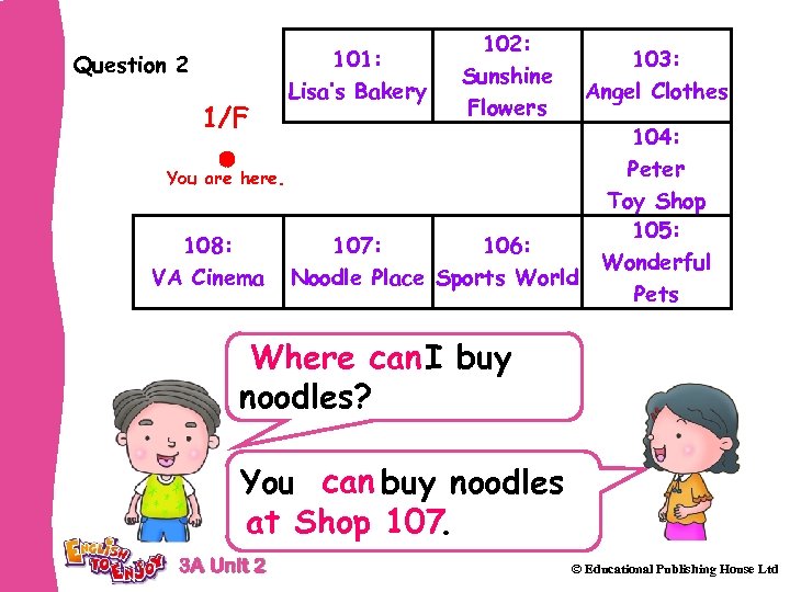Question 2 1/F 101: Lisa’s Bakery 102: Sunshine Flowers 103: Angel Clothes You are