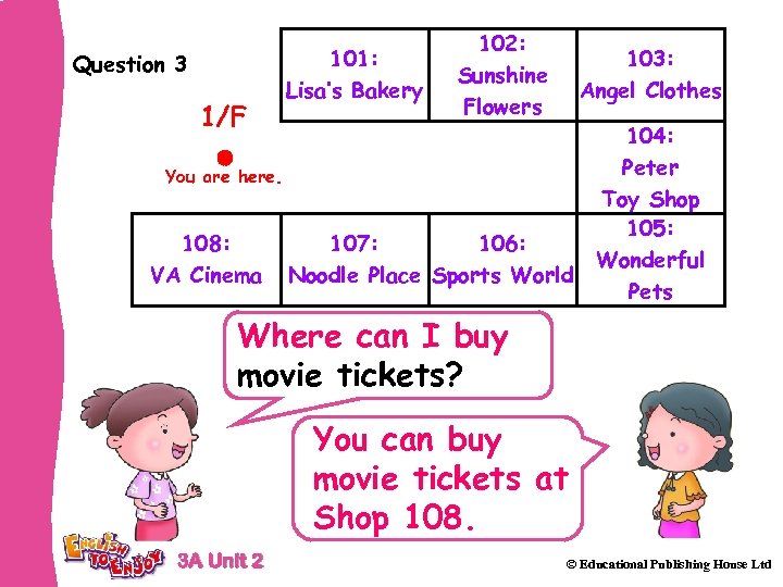Question 3 1/F 101: Lisa’s Bakery 102: Sunshine Flowers 103: Angel Clothes You are