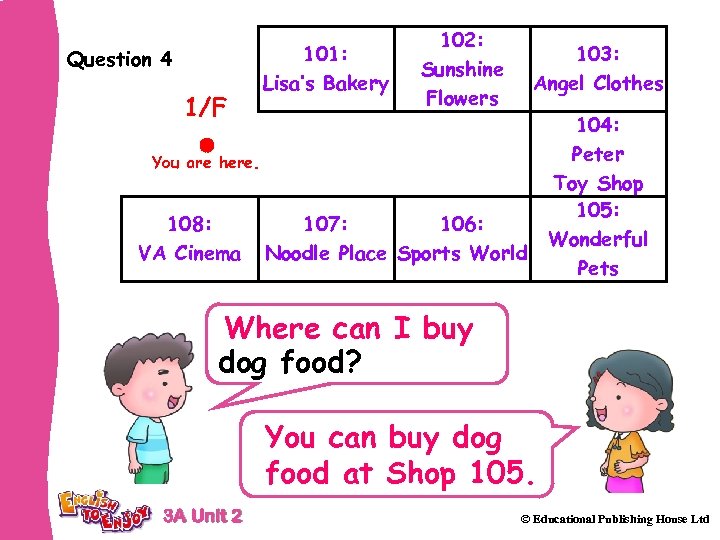Question 4 1/F 101: Lisa’s Bakery 102: Sunshine Flowers 103: Angel Clothes You are