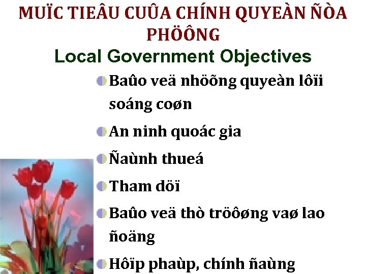 MUÏC TIE U CUÛA CHÍNH QUYEÀN ÑÒA PHÖÔNG Local Government Objectives Baûo veä nhöõng