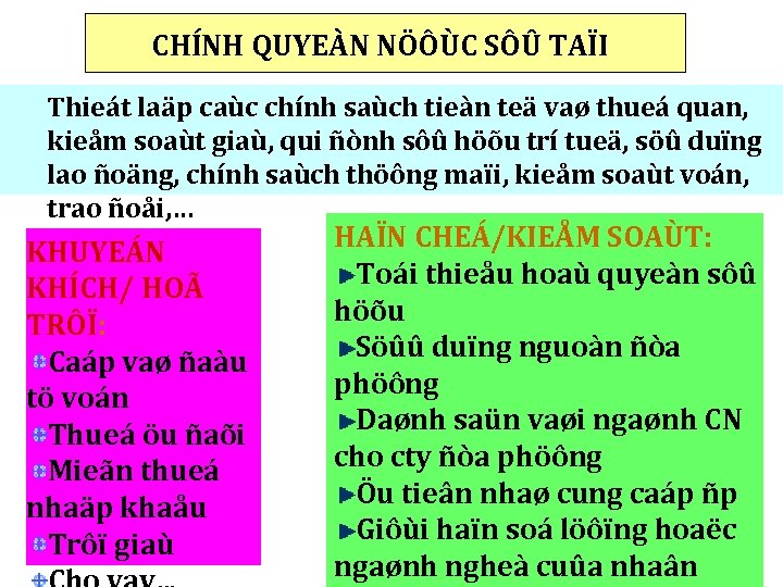 CHÍNH QUYEÀN NÖÔÙC SÔÛ TAÏI Thieát laäp caùc chính saùch tieàn teä vaø thueá
