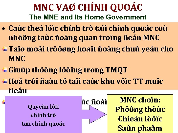 MNC VAØ CHÍNH QUOÁC The MNE and Its Home Government • Caùc theá löïc