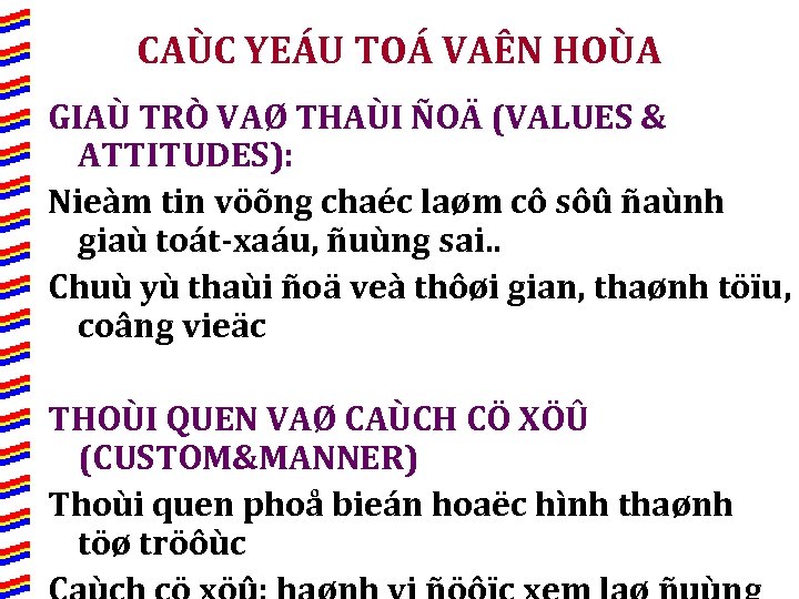 CAÙC YEÁU TOÁ VAÊN HOÙA GIAÙ TRÒ VAØ THAÙI ÑOÄ (VALUES & ATTITUDES): Nieàm