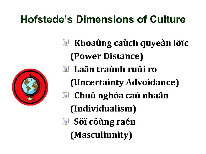 Hofstede’s Dimensions of Culture Khoaûng caùch quyeàn löïc (Power Distance) Laãn traùnh ruûi ro
