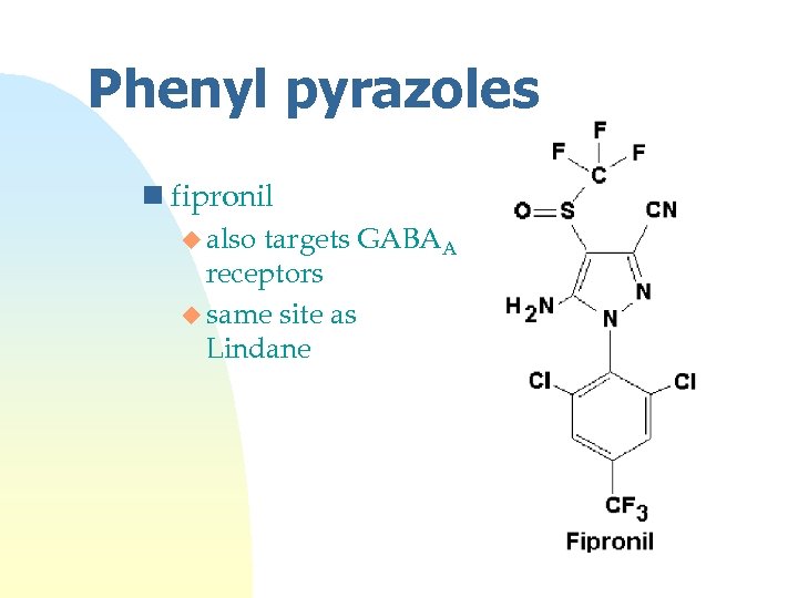 Phenyl pyrazoles n fipronil u also targets GABAA receptors u same site as Lindane