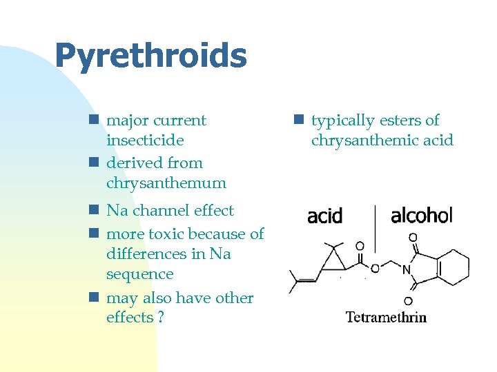 Pyrethroids n major current insecticide n derived from chrysanthemum n Na channel effect n