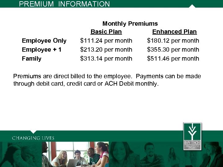 PREMIUM INFORMATION Employee Only Employee + 1 Family Monthly Premiums Basic Plan Enhanced Plan