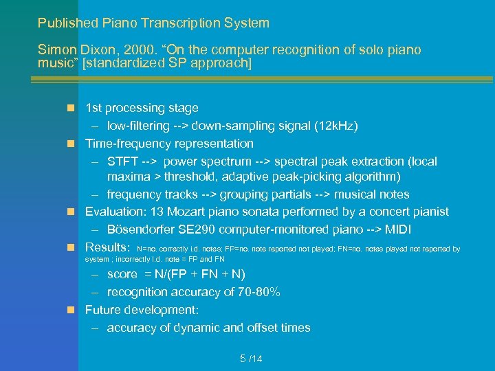 Published Piano Transcription System Simon Dixon, 2000. “On the computer recognition of solo piano