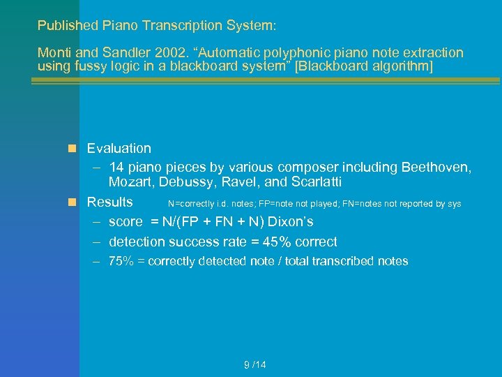 Published Piano Transcription System: Monti and Sandler 2002. “Automatic polyphonic piano note extraction using