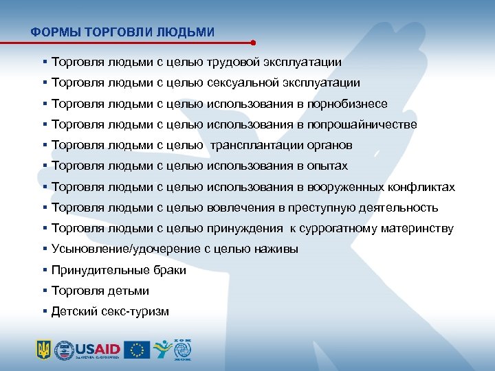 ФОРМЫ ТОРГОВЛИ ЛЮДЬМИ Торговля людьми с целью трудовой эксплуатации Торговля людьми с целью сексуальной