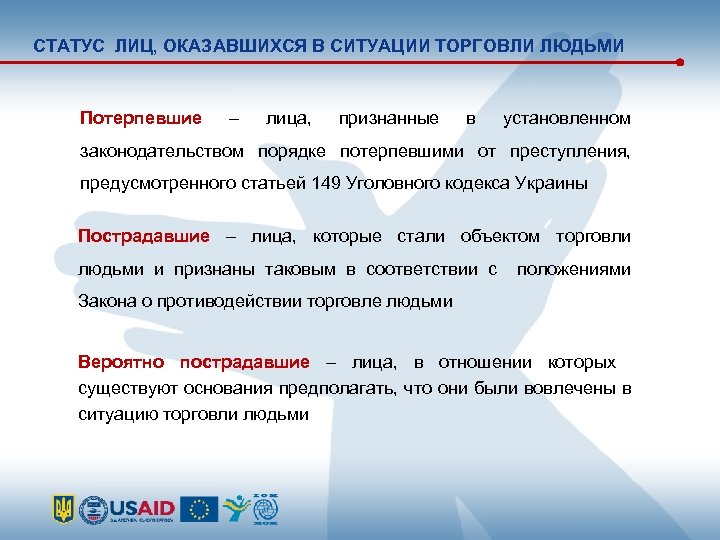 СТАТУС ЛИЦ, ОКАЗАВШИХСЯ В СИТУАЦИИ ТОРГОВЛИ ЛЮДЬМИ Потерпевшие – лица, признанные в установленном законодательством