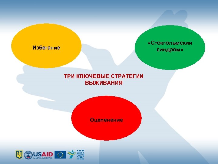  «Стокгольмский синдром» Избегание ТРИ КЛЮЧЕВЫЕ СТРАТЕГИИ ВЫЖИВАНИЯ Оцепенение 
