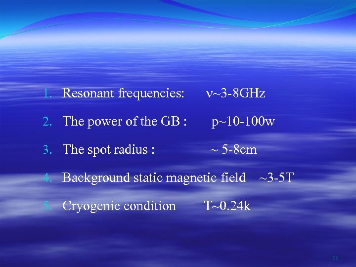 1. Resonant frequencies: ~3 -8 GHz 2. The power of the GB : p~10