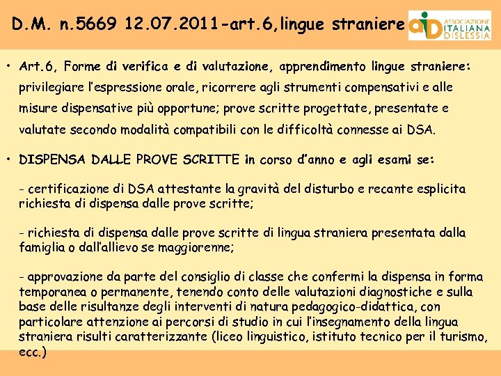 D. M. n. 5669 12. 07. 2011 -art. 6, lingue straniere • Art. 6,