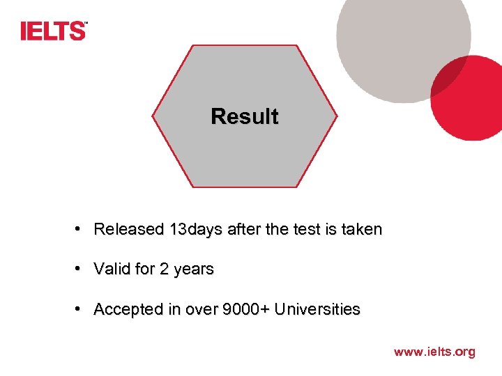 Result • Released 13 days after the test is taken • Valid for 2