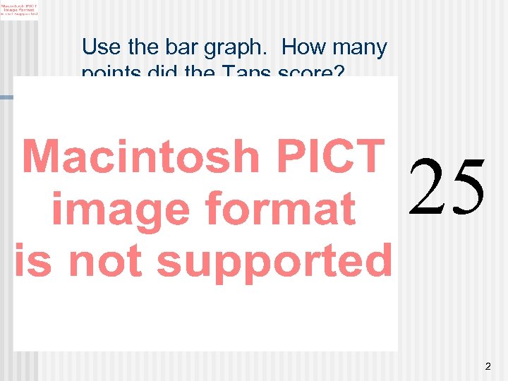 Use the bar graph. How many points did the Tans score? 25 2 