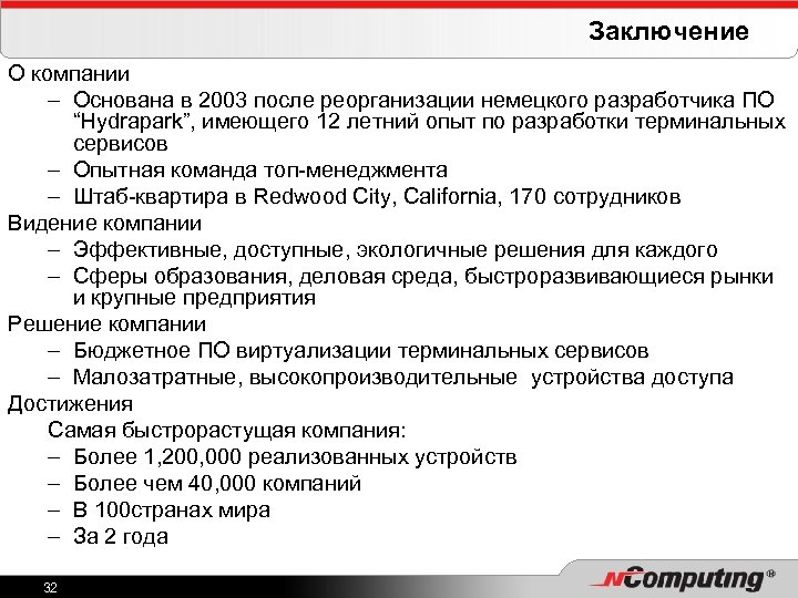 Заключение О компании – Основана в 2003 после реорганизации немецкого разработчика ПО “Hydrapark”, имеющего