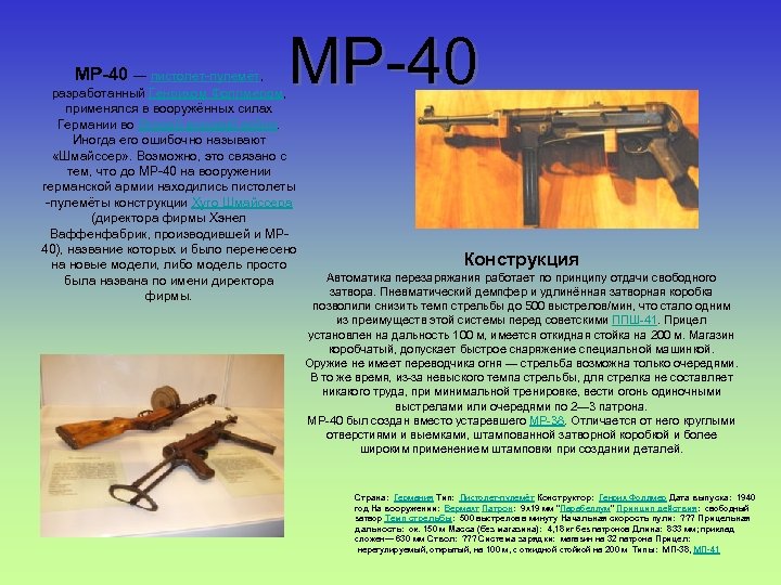 MP-40 — пистолет-пулемёт, MP-40 разработанный Генрихом Фоллмером, применялся в вооружённых силах Германии во Второй