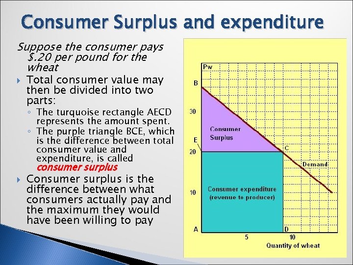 Consumer Surplus and expenditure Suppose the consumer pays $. 20 per pound for the