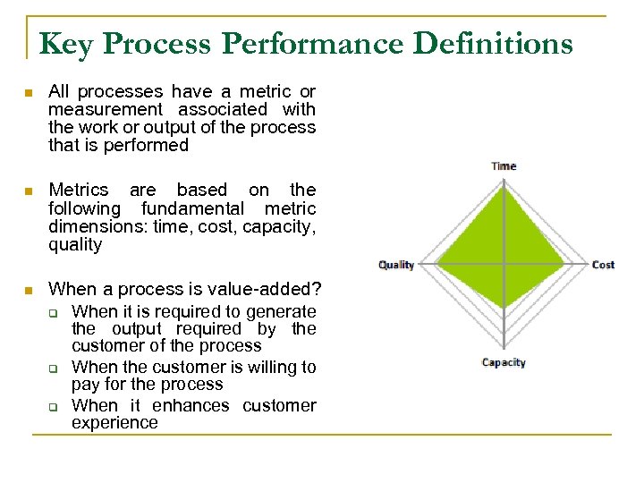 Key Process Performance Definitions n All processes have a metric or measurement associated with