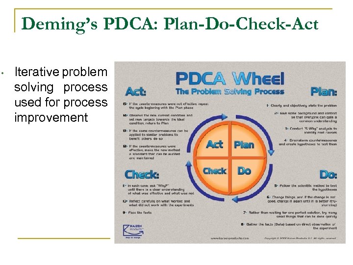 Deming’s PDCA: Plan-Do-Check-Act • Iterative problem solving process used for process improvement 