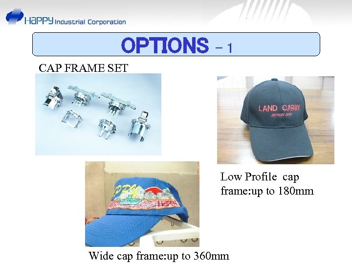 OPTIONS -1 CAP FRAME SET Low Profile cap frame: up to 180 mm Wide