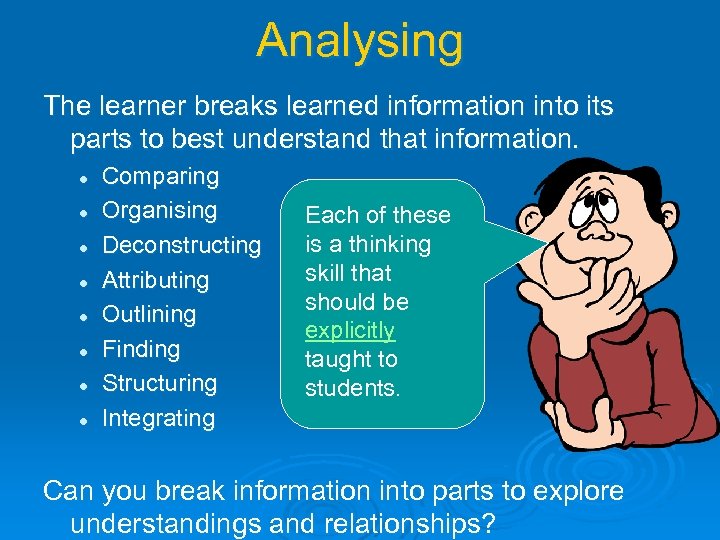 Analysing The learner breaks learned information into its parts to best understand that information.