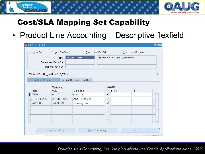 Cost/SLA Mapping Set Capability • Product Line Accounting – Descriptive flexfield Douglas Volz Consulting,