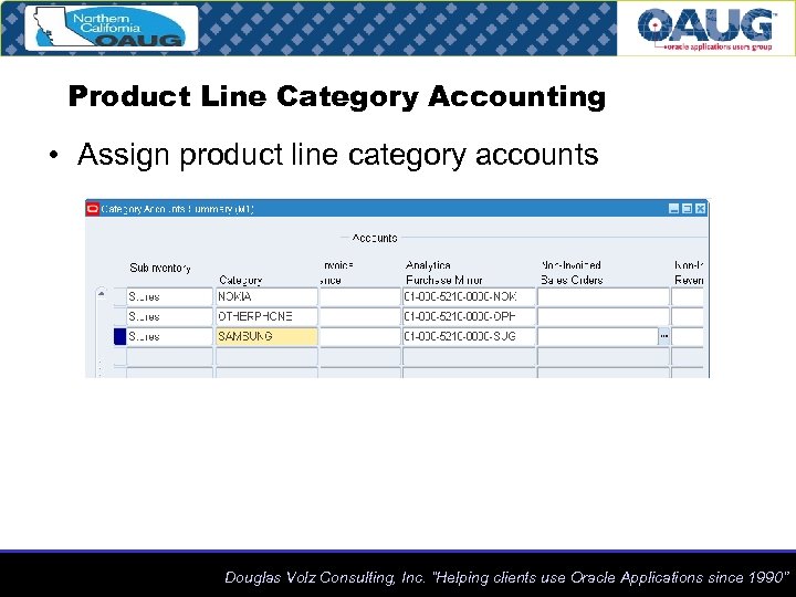 Product Line Category Accounting • Assign product line category accounts Douglas Volz Consulting, Inc.