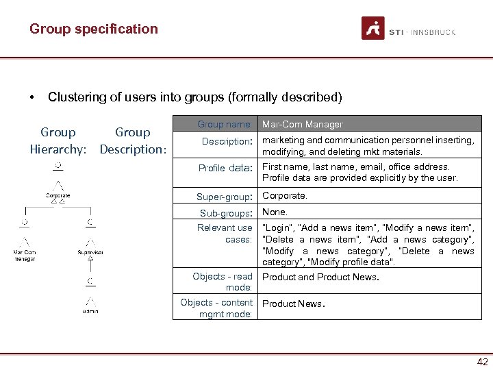 Group specification • Clustering of users into groups (formally described) Group Hierarchy: Description: Group
