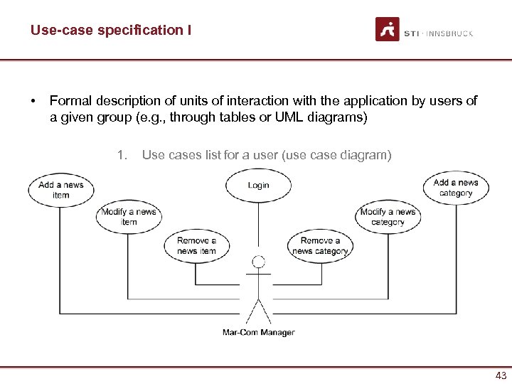 Use-case specification I • Formal description of units of interaction with the application by