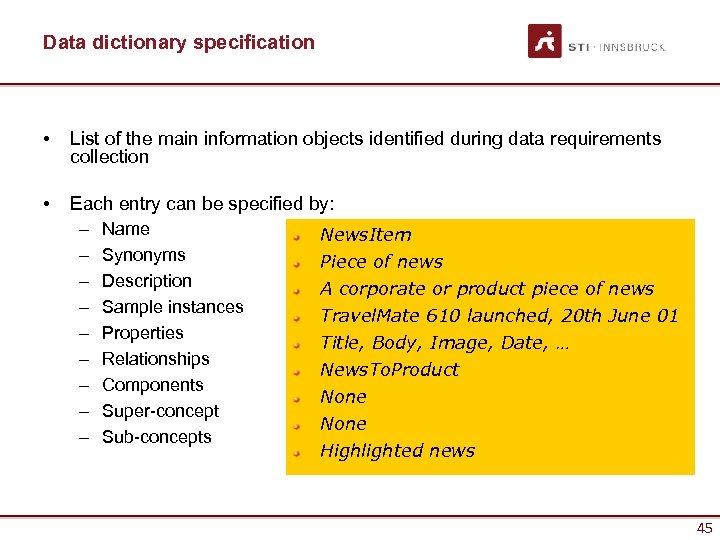 Data dictionary specification • List of the main information objects identified during data requirements