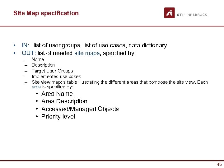 Site Map specification • • IN: list of user groups, list of use cases,