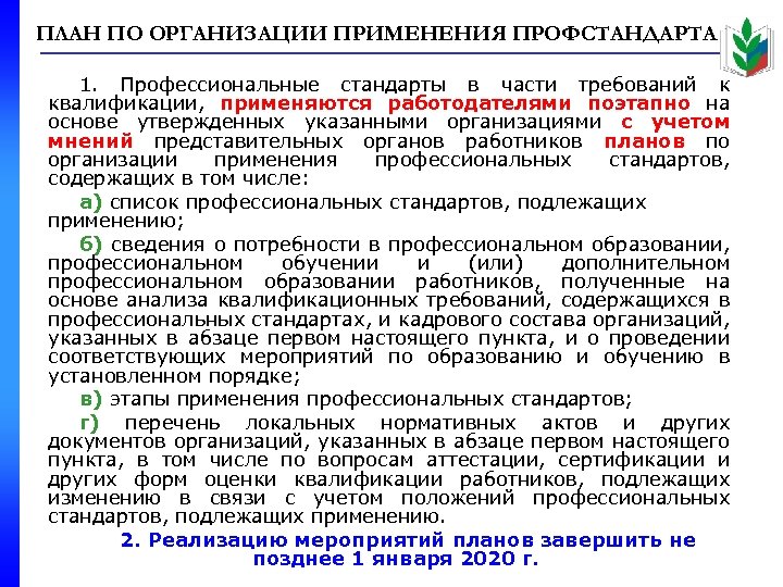 Срок реализации планов по организации применения профессиональных стандартов