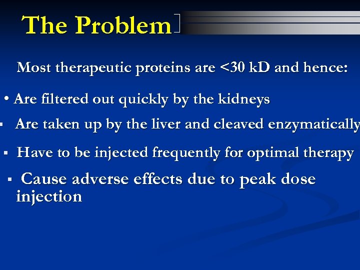 The Problem Most therapeutic proteins are <30 k. D and hence: • Are filtered