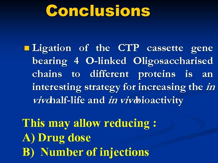 Conclusions n Ligation of the CTP cassette gene bearing 4 O-linked Oligosaccharised chains to