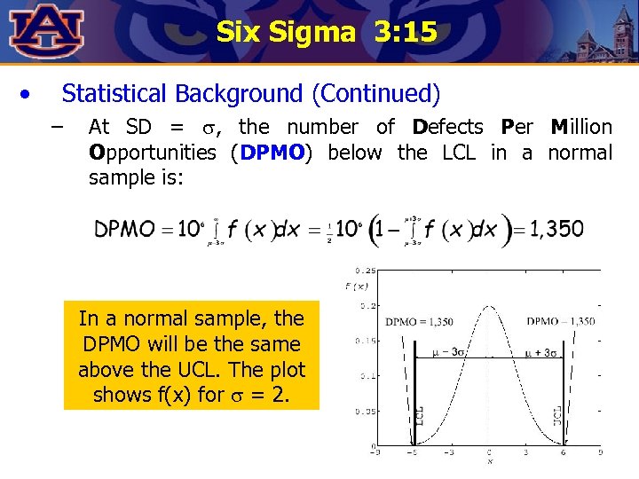 Six Sigma 3: 15 • Statistical Background (Continued) – At SD = , the