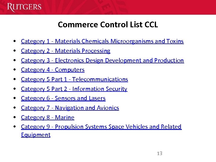 Commerce Control List CCL • • • Category 1 - Materials Chemicals Microorganisms and