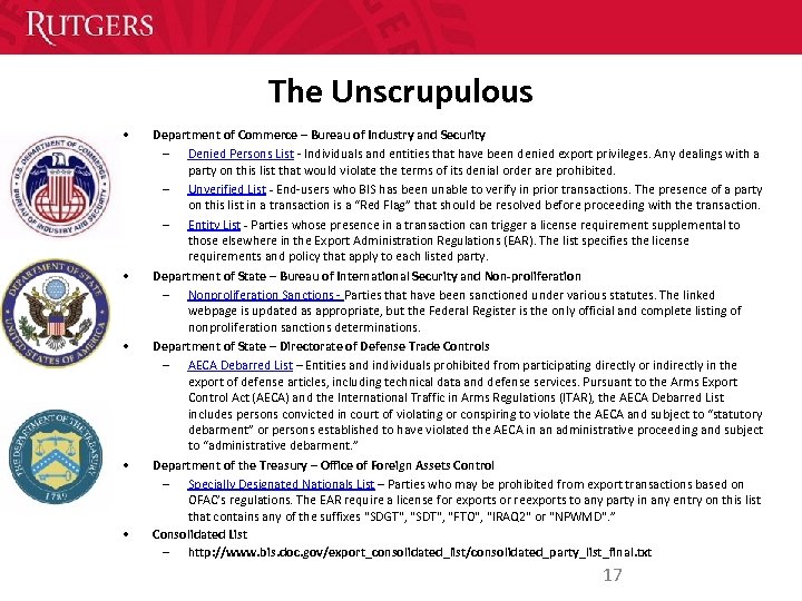 The Unscrupulous • • • Department of Commerce – Bureau of Industry and Security