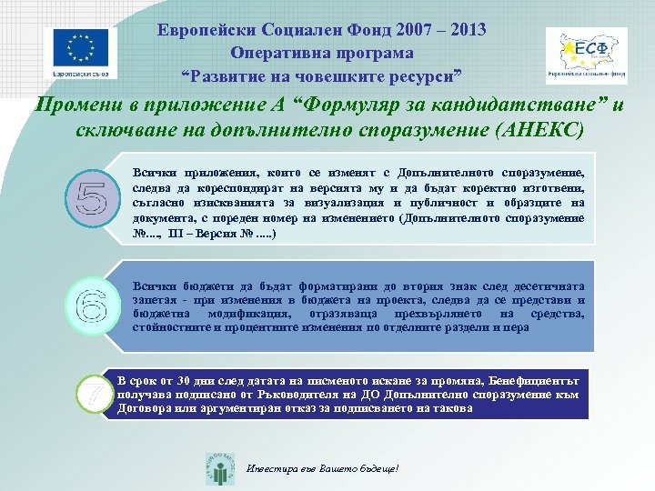 Европейски Социален Фонд 2007 – 2013 Оперативна програма “Развитие на човешките ресурси” Промени в